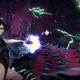 Bayonetta shoots homunculi while riding the back of an infernal bird demon.